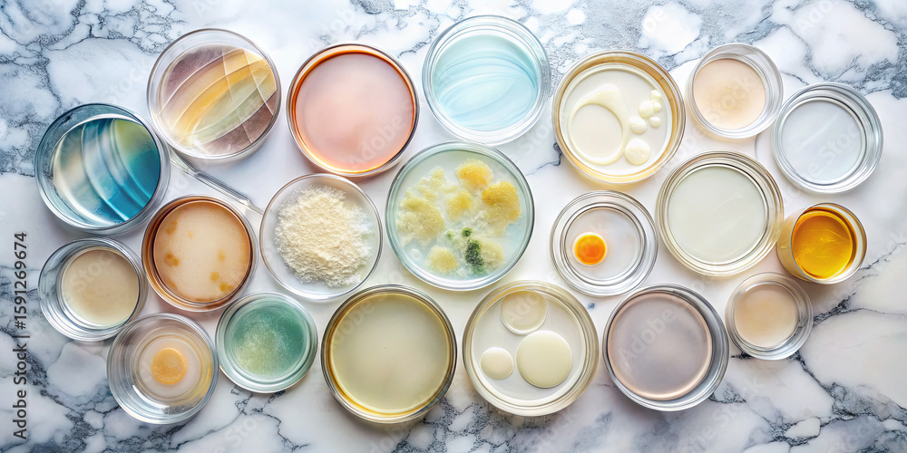 Poster different shades of liquids and powders are organized in circular containers on a marble background,