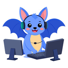 Cute blue bat gamer character with a headset, happily playing on a multi-monitor computer setup.