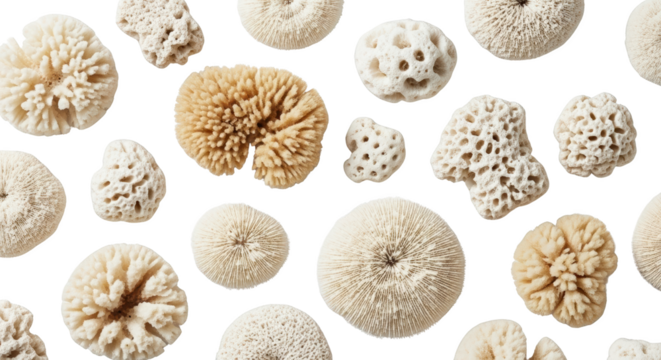 Assorted white and tan coral pieces scattered on a black surface marine transparent background