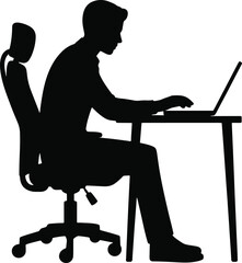 Silhouette of a person working on a laptop at a desk in an office environment vector.