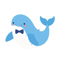 Cute cartoon blue whale with a happy smile and a dark blue bowtie