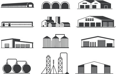 Set of industrial warehouse factory building icons, storage facility illustration, flat vector, factory infrastructure, black silhouette isolated design