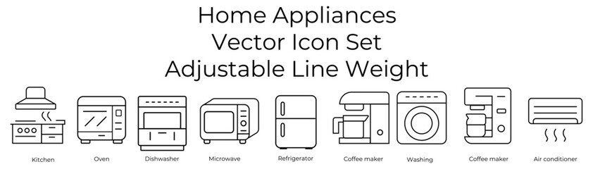 Home Appliances Editable Stroke Vector Icon Set – Refrigerator, Oven, Microwave, Washing Machine, Coffee Maker, and More – Modern Thin Line Household Device Icons