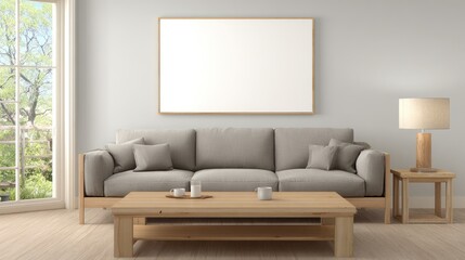 Modern living room scene with a light gray sofa and wooden furniture.