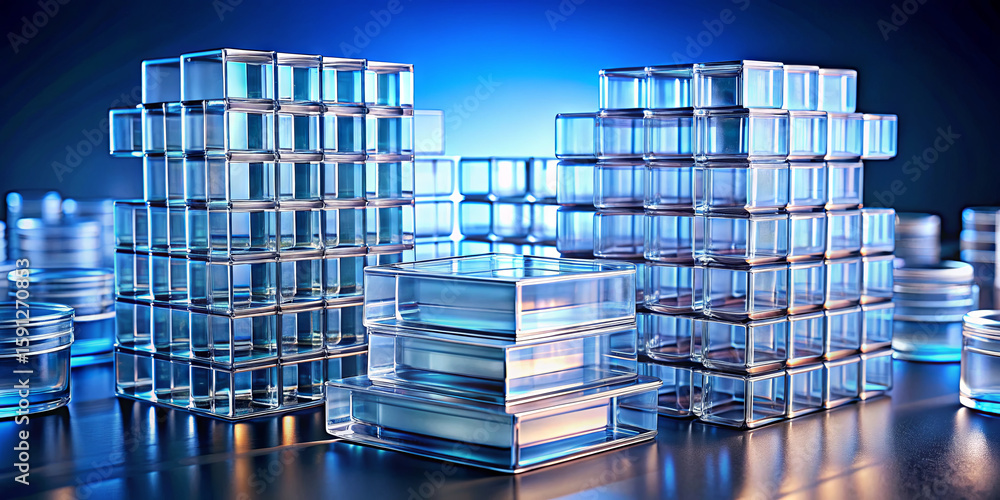 Poster several glass structures are positioned in varied geometric shapes, illuminated by a soft blue light