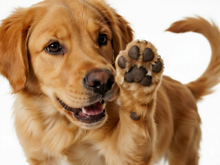 A golden retriever puppy is holding up its paw, a close-up shot of the dog's face with its front paws raised high and a happy expression on a white background