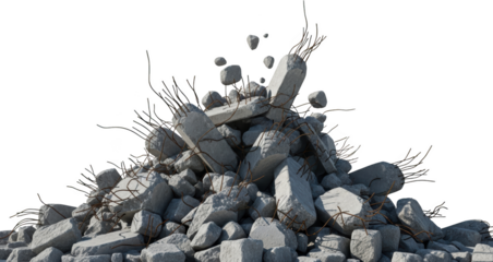 Pile of concrete rubble with exposed rebar isolated on black debris construction transparent background