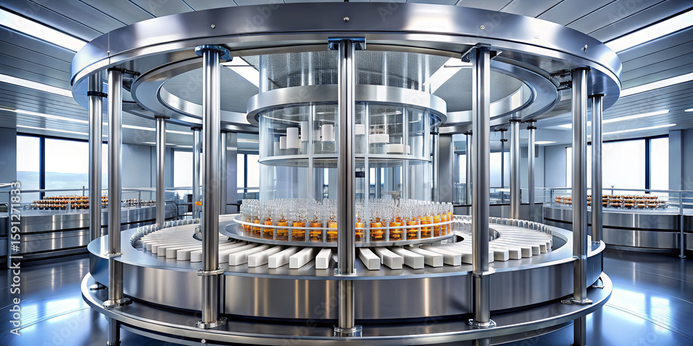 Poster automated bottling line fills and seals glass bottles with liquid beverages in a modern factory. bri