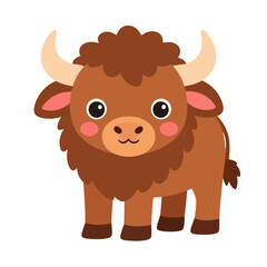 Fototapeta premium Cute cartoon brown bison standing with a fluffy mane and cream horns.