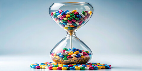 An hourglass filled with vibrant candies sits on a smooth surface. The candies spill around, symbolizing the passage of time in a playful, eye-catching way