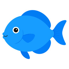 Cute blue cartoon fish with a rounded body, large fins, and a happy smiling expression. Flat vector illustration.