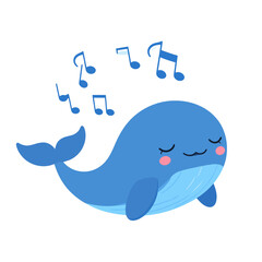 Obraz premium Cute cartoon blue whale with closed eyes and rosy cheeks, happily singing a song with floating musical notes.