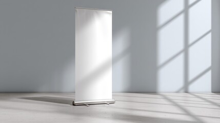 Empty retractable banner stand in a modern room
