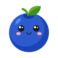 Obraz premium Cute kawaii blueberry character with a happy smiling face, big eyes, and green leaves.