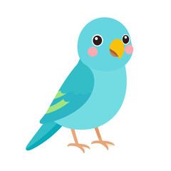 Adorable blue cartoon bird with rosy cheeks and green striped wings.