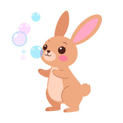 Obraz premium Adorable brown cartoon rabbit with pink cheeks blowing colorful soap bubbles.