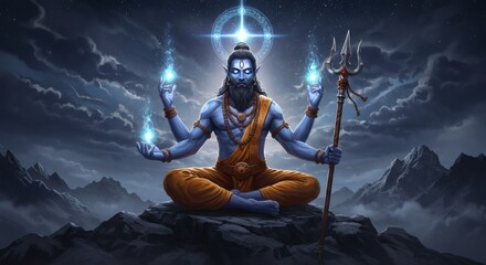 Divine Lord Shiva in Spiritual Aura – Hindu God of Destruction and Meditation with Trident, Third Eye, and Serene Expression