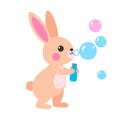 Obraz premium Cute cartoon rabbit with pink cheeks blowing colorful soap bubbles from a blue bottle.