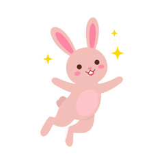 Adorable kawaii pink rabbit with rosy cheeks and sparkles, jumping in a cheerful pose.