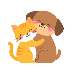 Obraz premium A cute cartoon orange tabby cat and a brown dog hugging with happy, contented expressions.
