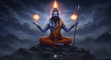 Divine Lord Shiva in Spiritual Aura – Hindu God of Destruction and Meditation with Trident, Third Eye, and Serene Expression