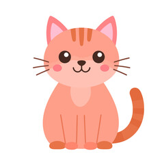 Obraz premium Adorable pinkish-orange cartoon cat with stripes, sitting in a cute kawaii style. A friendly ginger kitten with big eyes and a sweet smile.