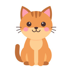 Obraz premium Adorable ginger cartoon cat with rosy cheeks and stripes, sitting in a cute kawaii style.