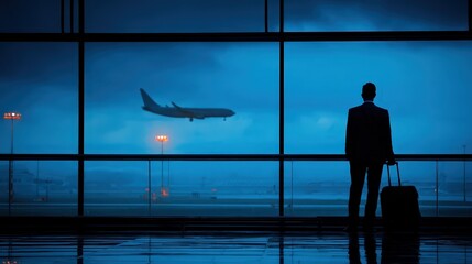 Silhouette of Businessman Waiting in Airport Terminal with Plane Taking Off in the Background