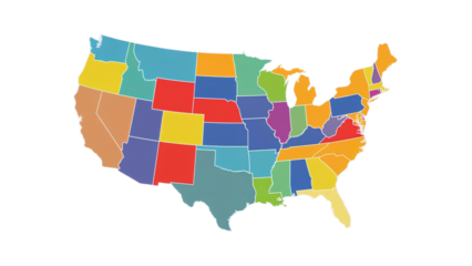 Colorful map of the United States of America with each state represented by a different color.