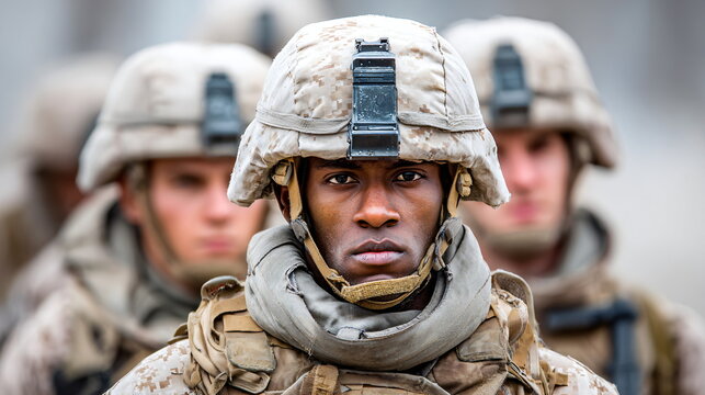 An african american man, soldier, in camouflage uniform looking intently forward. Military serviceman ready for duty.