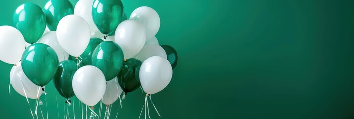 Celebration of Pakistan independence day with festive green and white balloons. Horizontal banner. Copy space. Balloons in colors of flag of Pakistan