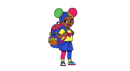 Naklejka premium A cheerful cartoon girl with colorful hair and backpack, ready for school.