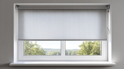 Obraz premium Light grey roller blind installed on a window, offering light filtering and privacy