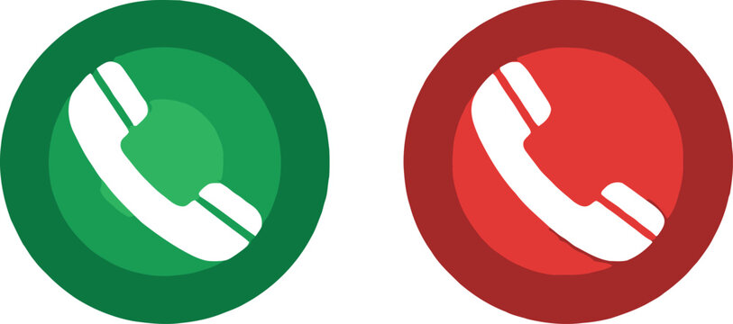Phone Icon Set Green and Red Circle with White Handset on Transparent Background
