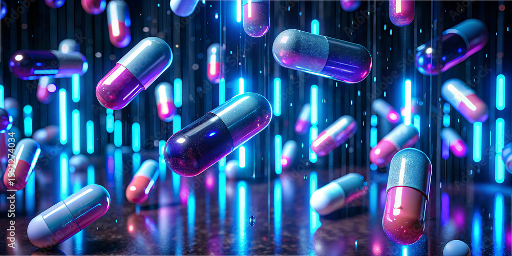 Poster capsules of various colors hover in mid-air, illuminated by vibrant neon lights. the dark background
