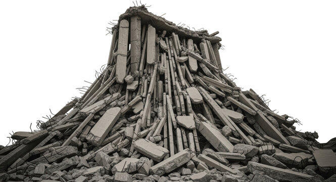 A large pile of broken concrete debris and rebar from a demolished structure transparent background