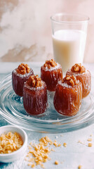 Sweet date snacks with walnuts and sugar on a glass plate. Healthy golden desserts with a glass of milk.