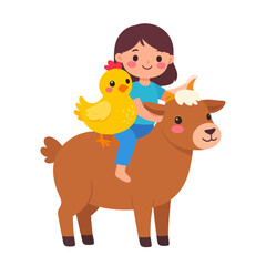 Fototapeta premium A happy cartoon girl with a small yellow chick riding on the back of a friendly brown goat. Cute kawaii style illustration of farm friends.