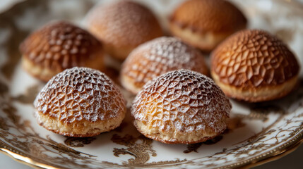 Delicious almond cookies on a decorative plate dusted with powdered sugar. These sweet treats offer a cozy dessert moment.