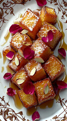 Delicious golden French toast bites, topped with powder sugar, almonds, and rose petals. Syrup drizzled on an elegant decorated plate.