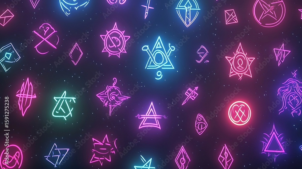 Poster glowing neon esoteric symbols pattern on dark background with stars