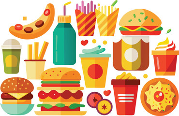 Collection of delicious fast food items and drinks in flat design style