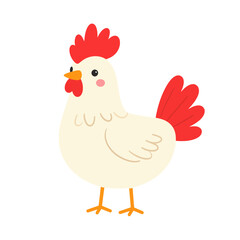 Fototapeta premium Cute cartoon white chicken with a red comb, wattle, and tail feathers, standing still.