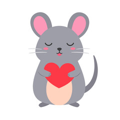 Cute gray cartoon mouse with closed eyes and blushing cheeks holding a red heart.