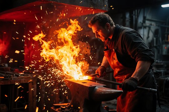 Blacksmith Forging Metal in Fiery Workshop
