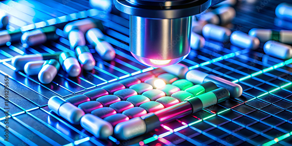 Poster capsules and pills are arranged on a grid surface while a microscope focuses on them, creating a vib