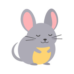 A cute, chubby gray cartoon mouse with a yellow belly, pink ears, and a peaceful expression with closed eyes.