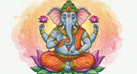 Elephant-Headed Humanoid in Meditative Pose on Lotus Pedestal – Intricate Jewelry, Mandala Background, Glowing Aura, Colorful Fantasy Spiritual Concept Art, Highly Detailed and Symmetrical