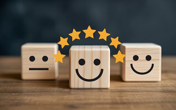 Wooden blocks with smiley faces and stars neutral face rating