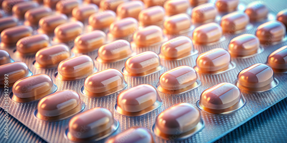 Poster capsules filled with medication are neatly arranged in blisters on a flat surface. the gleaming ligh
